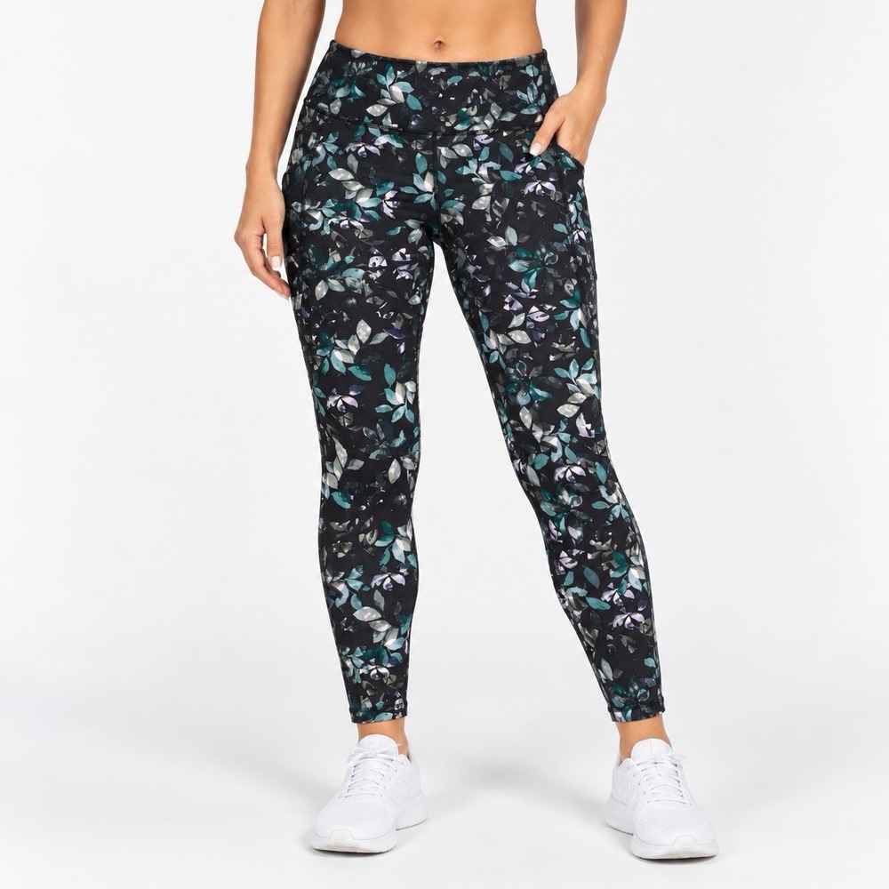 J Jill Fit Performance Leggings Womens Large Black Teal Floral Print Yoga